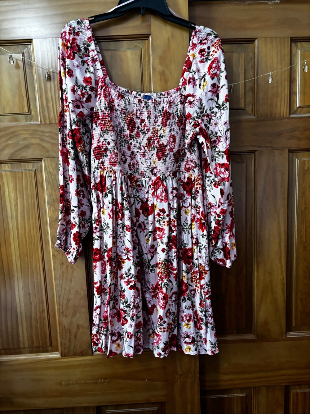 Old Navy Pink Dress with Red Floral Print — Smocked Square Neck, Long Sleeve